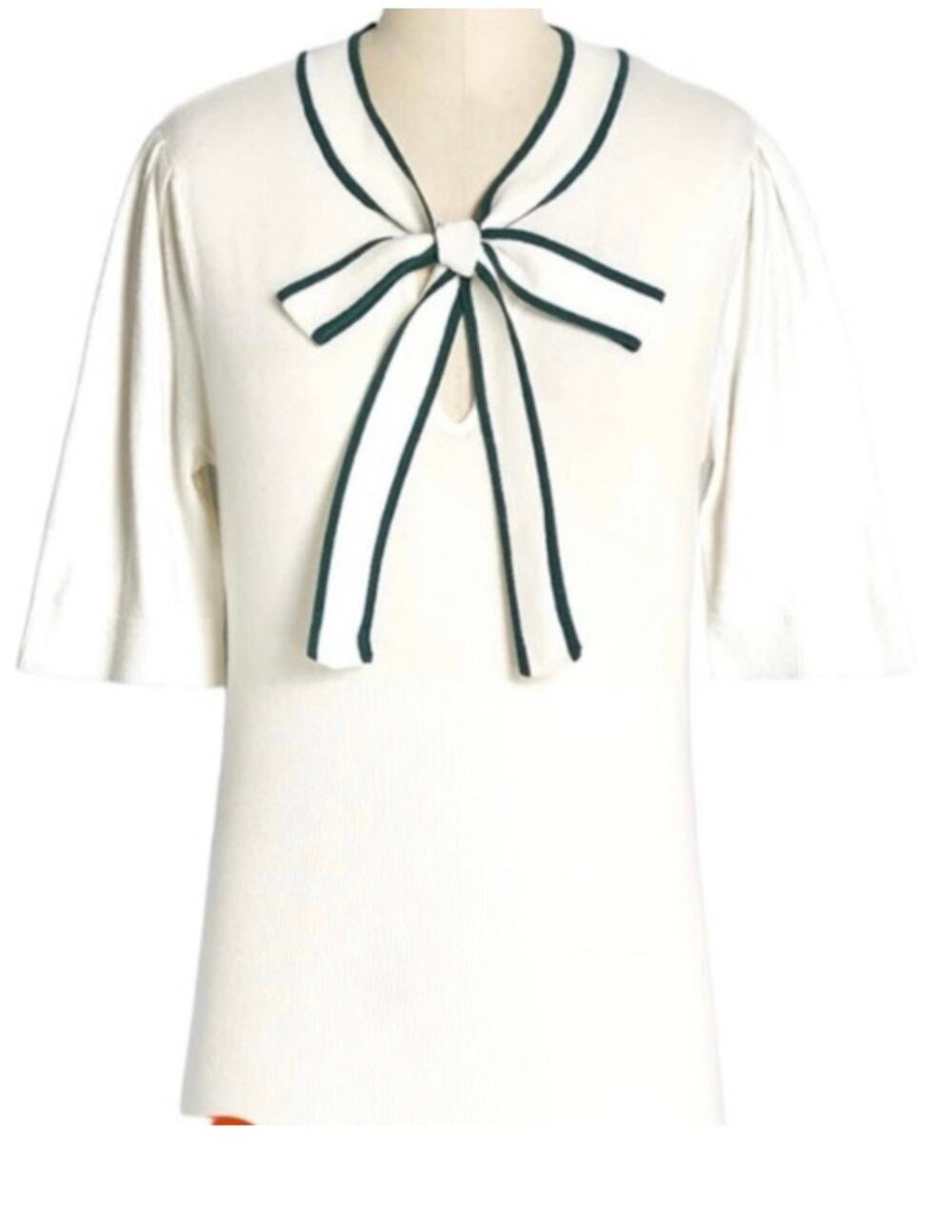Modcloth Retro Inspired Cream and Green Bow Thyself Neck Tie Knit Top M NWT